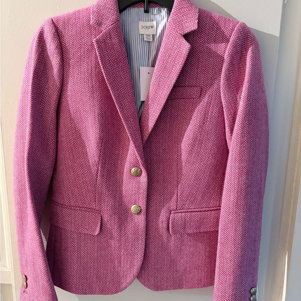 NWT J. Crew Herringbone Schoolboy Blazer in Pink w/ Gold Tone Buttons - Size 00